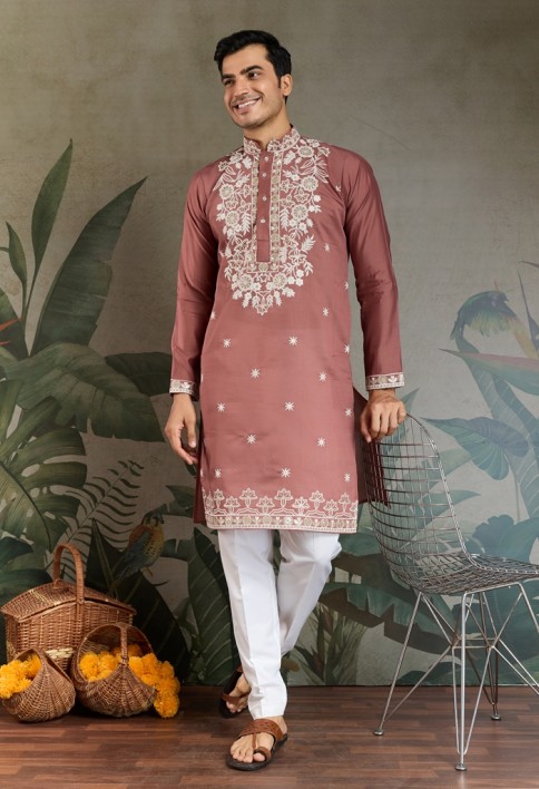 Pastel pink Thread & Sequence Hand Embroidered Men’s Kurta Set